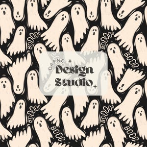 May include: A repeating pattern of cartoon ghosts in off-white on a black background. The ghosts have simple faces and are interspersed with the word "BOOO" in a speech bubble. The text "DAFNE + Design Studio +" is in a white rectangle.