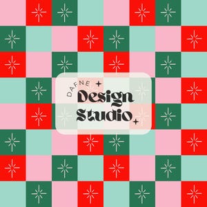 May include: A vibrant pattern of red, green, pink, and teal squares, each with a white starburst. The text "DAFNE + Design Studio +" is displayed on a white rounded rectangle.