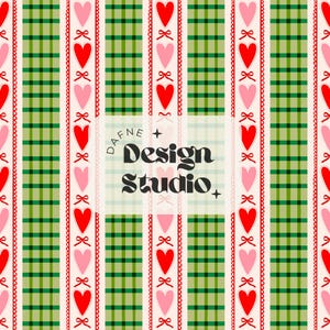 May include: A repeating pattern featuring vertical stripes of green plaid and alternating rows of red and pink hearts with bows. The design includes the text "DAFNE Design Studio" in a stylized font, set against a cream background.