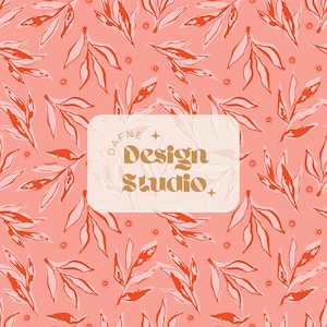 May include: A pink background with a repeating pattern of white and red stylized leaves. The text "DAFNE Design Studio" is in a white rectangle with a gold outline.