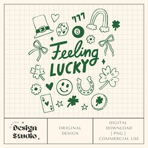 May include: A digital design with green illustrations of St. Patrick's Day symbols, including a horseshoe, shamrocks, dice, and a rainbow. The words "Feeling Lucky" are written in a playful font. The design is on a grid background.