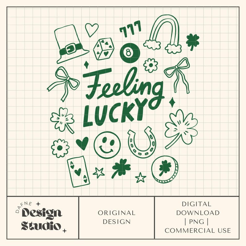 May include: A digital design with green illustrations of St. Patrick's Day symbols, including a horseshoe, shamrocks, dice, and a rainbow. The words "Feeling Lucky" are written in a playful font. The design is on a grid background.