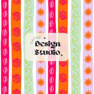 May include: Colorful vertical pattern with stripes of pink, orange, light green, and lavender. The design includes seashell, sun, and wave motifs. The text "DAFNE + Design Studio +" is overlaid on the pattern.
