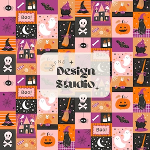 Puede incluir: Un patrón colorido de temática de Halloween con una variedad de elementos espeluznantes y lindos, que incluyen fantasmas, calabazas, murciélagos, sombreros de bruja y dulces. El patrón se repite en un formato de cuadrícula e incluye el texto "Boo!" y "Dafne Design Studio".