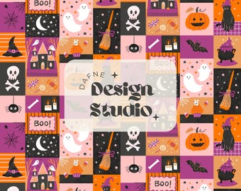 May include: A colorful Halloween themed pattern with a variety of spooky and cute elements, including ghosts, pumpkins, bats, witches hats, and candy. The pattern is repeated in a grid format and includes the text "Boo!" and "Dafne Design Studio".