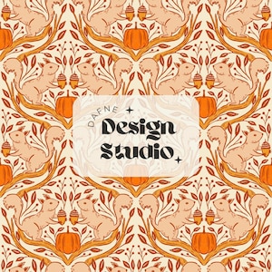 May include: A repeating pattern featuring light orange squirrels holding acorns, interspersed with orange pumpkins and brown branches on a cream background. A central white rectangular overlay displays the text Dafne Design Studio.