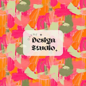May include: Abstract art design with a vibrant mix of colors. The background is a blend of orange and pink hues, overlaid with brushstrokes of pink, green, and orange. The text "DAFNE + Design Studio" is displayed on a white rounded rectangle.
