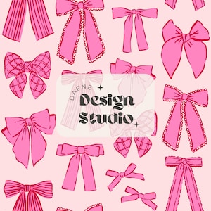 Puede incluir: Un fondo rosa y blanco con un patrón repetitivo de lazos rosas. El texto "Dafne Design Studio" está en el centro de la imagen.