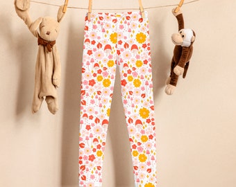 Ladybug girl leggings, mushrooms and flowers, pink children's design, spring, summer, Leggings for girls, girl gift, special gift