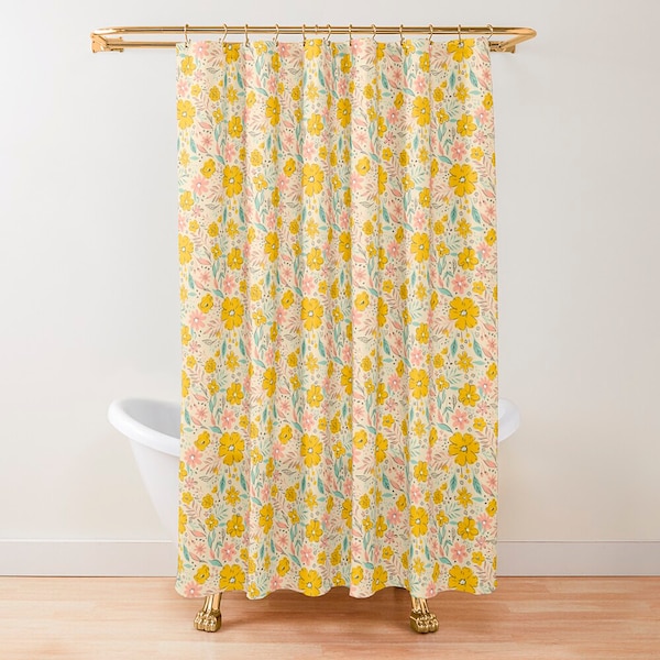 Bohemian shower curtain, floral shower curtain, yellow shower curtain, eclectic shower curtain, hand drawn flower.