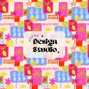 May include: A vibrant, repeating pattern featuring tropical elements. Pink, blue, and yellow squares showcase palm trees, pineapples, seashells, and suns. The text "BEACH VIBES" and "DAFNE + Design Studio" are also visible.