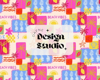 Summer handdrawn seamless pattern, Patchwork bright colors, digital file for commercial use