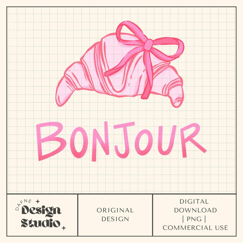 Op de afbeelding: Een roze aquarel illustratie van een croissant met een strik, met het woord "BONJOUR" in roze eronder. Het ontwerp staat op een rasterachtergrond met tekst onderaan die aangeeft dat het een digitale download is.