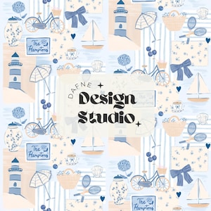 May include: A repeating pattern featuring nautical and beach-themed illustrations. The design includes sailboats, bicycles, lighthouses, tennis rackets, and bows in shades of blue, beige, and white. The text "DAFNE + Design Studio" is also present.