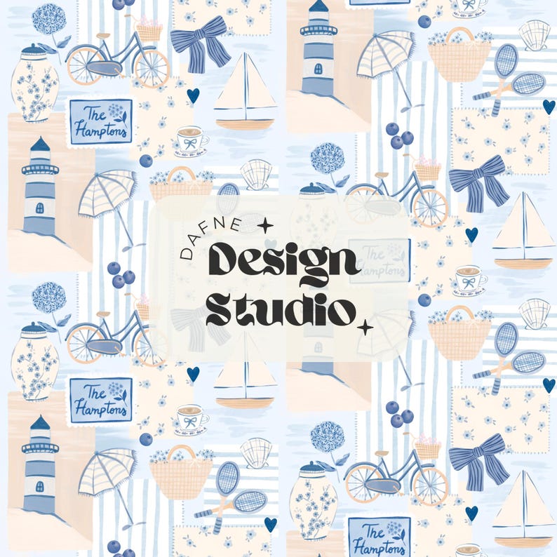 May include: A repeating pattern featuring nautical and beach-themed illustrations. The design includes sailboats, bicycles, lighthouses, tennis rackets, and bows in shades of blue, beige, and white. The text "DAFNE + Design Studio" is also present.