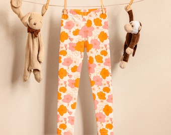 Retro flower leggings, boho floral, orange, pink and white, cute floral children's design, retro leggings, girl gift, spring/summer