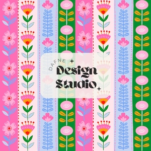 Puede incluir: Un colorido patrón floral con rayas verticales en rosa, verde, azul y blanco. El diseño presenta flores y follaje estilizados. El texto "DAFNE + Design Studio +" está superpuesto.