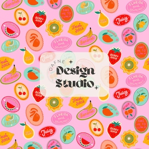 Patrón repetitivo Stickers de frutas, Patrón de verano, Patrón Preppy, Archivo digital, Patrón para tela, sublimación, Seamless Trendy