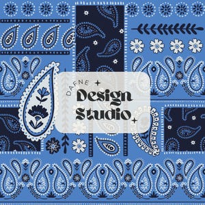 May include: A blue and white paisley pattern design with floral and geometric elements. The design includes the text "DAFNE Design Studio" in a white rectangle.