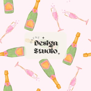 May include: A repeating pattern of champagne bottles and flutes on a pale pink backdrop. The bottles are green with gold foil and orange labels. The flutes are filled with pink liquid and have bubbles. The text "DAFNE + Design Studio +" is in the centre.