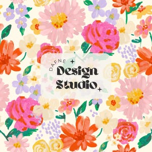 May include: A vibrant floral pattern featuring a variety of colorful flowers in shades of pink, orange, yellow, and purple. The design includes the text "DAFNE + Design Studio" in a bold, stylized font, set against a cream-colored background.