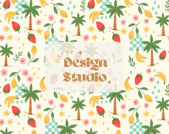 Beach seamless pattern, Retro summer pattern, Palms trees seamless pattern, strawberry, lemons, bananas, Seamless Fruits, Digital File