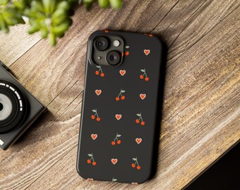 Black Phone Case, Cherry Pattern, Cherry Phone Case, iPhone Case, MagSafe Tough Cases