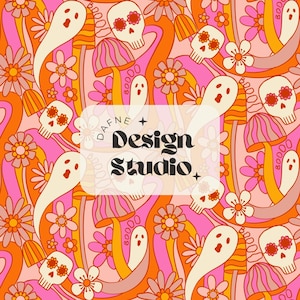 May include: A repeating pattern featuring off-white ghosts, skulls with flower-shaped eyes, orange and pink mushrooms, and various flowers on a light pink background. A central white rectangular overlay displays the text Dafne Design Studio.