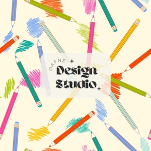 May include: A pattern of colorful pencils and crayon scribbles on a cream background. The pencils are in shades of blue, green, pink, orange, and yellow. Centered is a semi-transparent white rectangle with the text Dafne Design Studio.