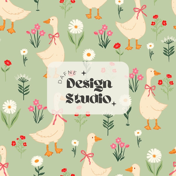 Silly Goose Muster, In meiner albernen Gänse-Ära, Sommergans Nahtlos, Gänse und Blumen Nahtloses Muster, Digitale Datei für kommerzielle Nutzung
