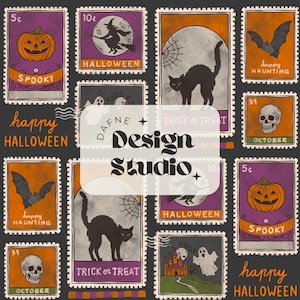 May include: A collection of rectangular postage stamp illustrations featuring Halloween themes including jack-o'-lanterns, black cats, bats, ghosts, skulls, and witches on a dark background. The text "happy HALLOWEEN" and "DAFNE Design Studio" appear.