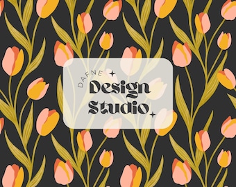May include: A seamless pattern featuring stylised pink and yellow tulips on a black background. The pattern includes the text "DAFNE Design Studio" in a white box.