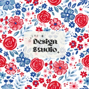 Puede incluir: Un diseño de patrón floral con rosas rojas, flores rosas y azules, y hojas azules sobre un fondo blanco. El diseño incluye el texto "DAFNE + Design Studio" en un rectángulo blanco.