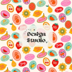 Adesivi di frutta con motivo ripetuto, motivo estivo, motivo preppy, file digitale, motivo per tessuto, sublimazione, senza soluzione di continuità alla moda