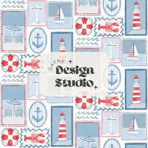 Op de afbeelding: Een herhalend patroon met nautische elementen in rood, wit en blauw. Het ontwerp bevat ankers, zeilboten, vuurtorens, reddingsboeien en kreeftenillustraties. De tekst "The Hamptons" en "Dafne Design Studio" zijn ook aanwezig.