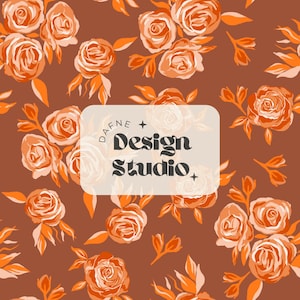 May include: A floral pattern featuring orange roses and leaves on a brown background. The design includes the text "DAFNE + Design Studio" in a white rounded rectangle.