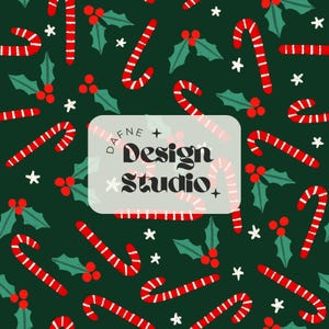 May include: A dark green background featuring a repeating pattern of red and white striped candy canes, green holly leaves with red berries, and small white stars. A central light grey rectangle displays the text Dafne Design Studio.