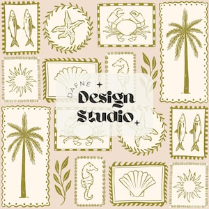 May include: A repeating pattern with olive green sea-themed illustrations on a pale pink backdrop. The design includes fish, starfish, crabs, palm trees, seahorses, and seashells, each within decorative borders. The text "Design Studio" is also present in the design.