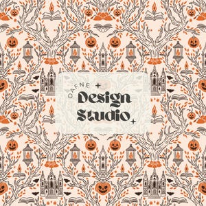 Puede incluir: Un patrón repetitivo con motivos de Halloween. El diseño incluye calabazas naranjas, edificios góticos, linternas y árboles estilizados. El texto "DAFNE + Design Studio +" está en el centro, sobre un fondo crema.