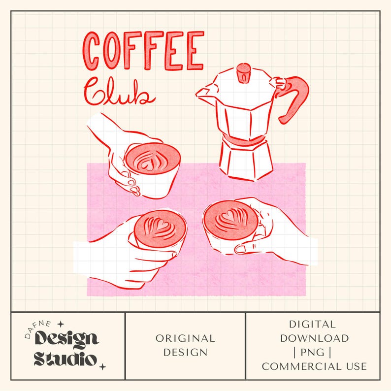 May include: Digital illustration featuring the words "COFFEE Club" in red, along with a coffee maker and hands holding coffee cups with heart-shaped latte art. The design is on a grid background with a pink square.