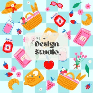 Summer Picnic Seamless Pattern, with books and strawberry jam, pink and light blue, digital file for commercial use