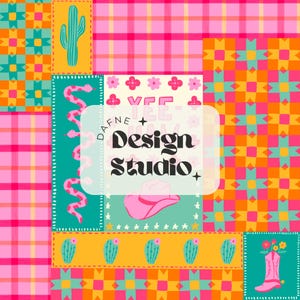 Estampa patchwork colorida e vibrante estilo hippie boho para meninas, com botas de cowboy, chapéu de cowboy e cacto.