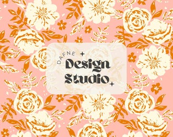 May include: A pink background with a white floral pattern. The text "DAFNE Design Studio" is in a white box with a black outline.