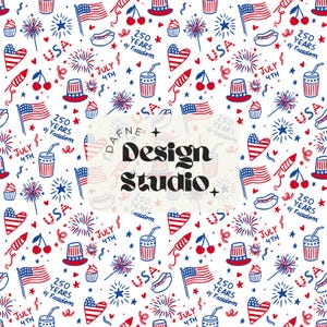 May include: A repeating pattern featuring patriotic symbols in red, white, and blue. The design includes American flags, fireworks, hearts, cupcakes, cherries, and hot dogs. The text "USA", "July 4th", and "250 Years of Freedom" are also present.