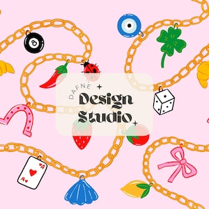May include: A repeating pattern of gold chain links with various charms, including a ladybug, dice, and a playing card with a heart. The background is a light pink color, and the text "DAFNE + Design Studio" is visible.