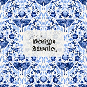 Motivo senza soluzione di continuità in stile Art Nouveau, Motivo con falena e fiore, Motivo senza soluzione di continuità a farfalla, William Morris, Motivo senza soluzione di continuità blu e bianco