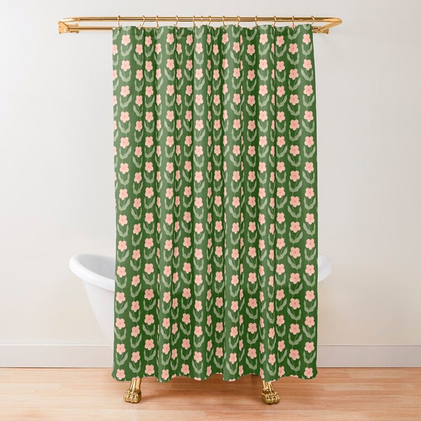 Green Retro Shower Curtain with Pink Flowers, Retro 60s 70s, Vintage Floral Bathroom Accessories, Colorful Eclectic Boho Home Decor