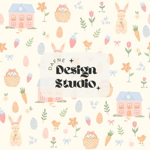 May include: A repeating pattern featuring Easter-themed illustrations. The design includes pastel-colored houses, bunnies, eggs, baskets, carrots, strawberries, flowers, and chicks. The text "DAFNE + Design Studio" is centered on the image.