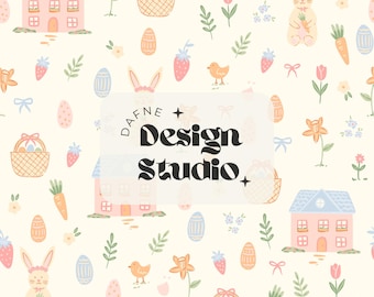 Bezszwowy wzór wielkanocny z króliczkami i kwiatami, wiosenny wzór dla dziewczynek w pastelowych odcieniach