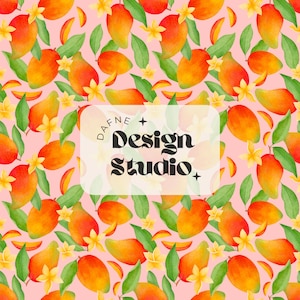 May include: A repeating pattern of watercolor mangoes, green leaves, and yellow flowers on a pink background. The design includes whole mangoes, slices, and blossoms. The text "DAFNE + Design Studio" is overlaid on the design.